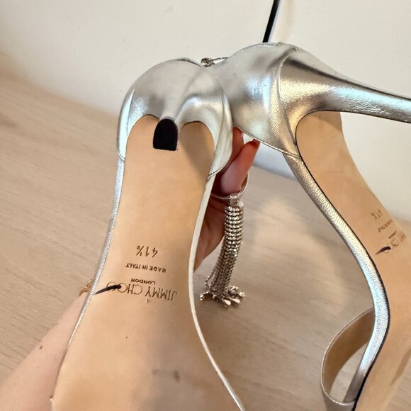 Jimmy Choo Viola 100 Sandals Metallic Silver Crystal Tassel Ankle Strap Sz 41.5 - Picture 14 of 14